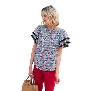 Loft Floral Botanical Damask Pattern Top With Tiered Flutter Sleeves Size Medium